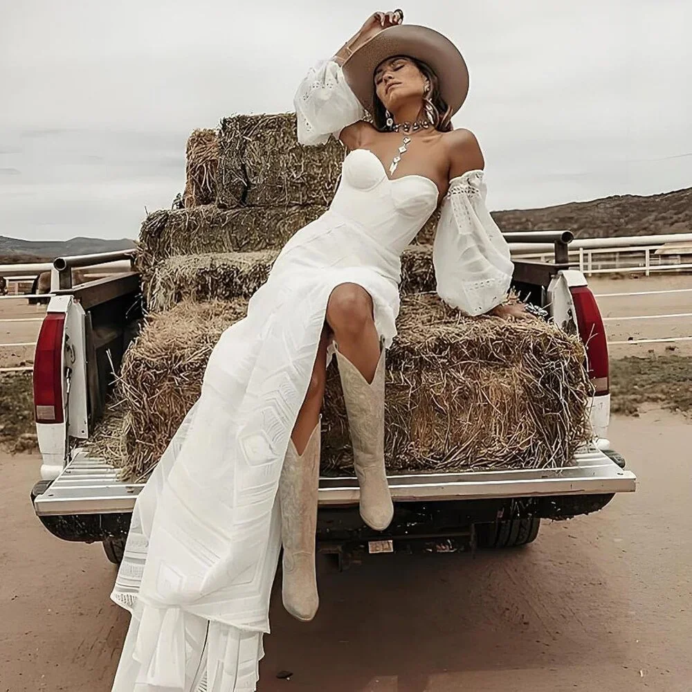 Women's Beige UBWDU Suede Cowboy Knee High Boots Pointed Toe Heel Embroidered - Picture 5 of 6